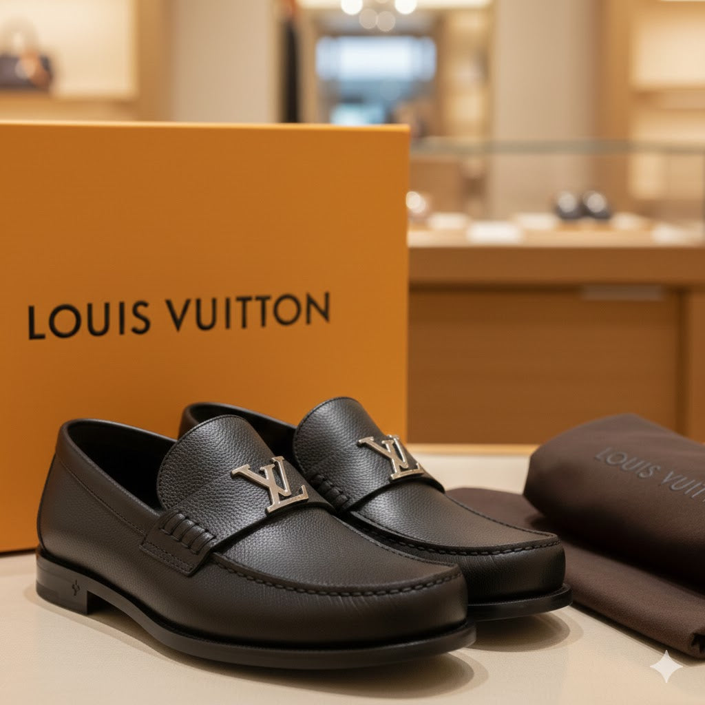 LOUIS VUTTON || Major Loafer in Grained Calf Leather with Silver LV Initials