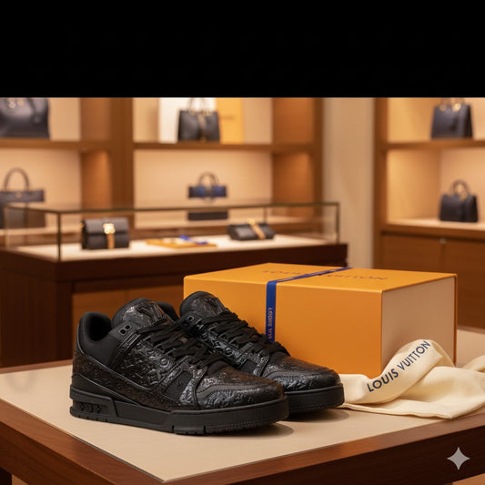 LOUIS VUITTON || LV Trainer Sneaker Monogram Empreinte Leather | Triple Black - FASHION MYST