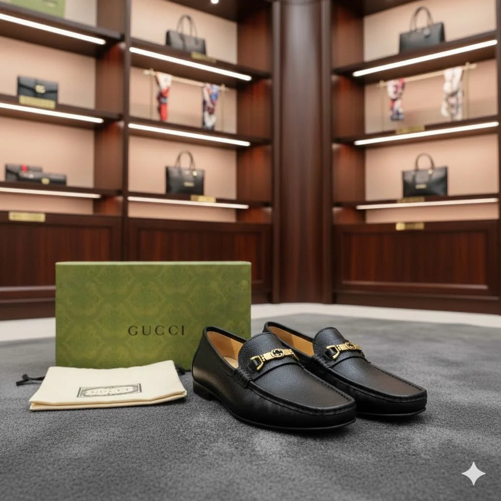 GUCCI || Black Grained Leather Moccasin with Gold-Tone Hardware