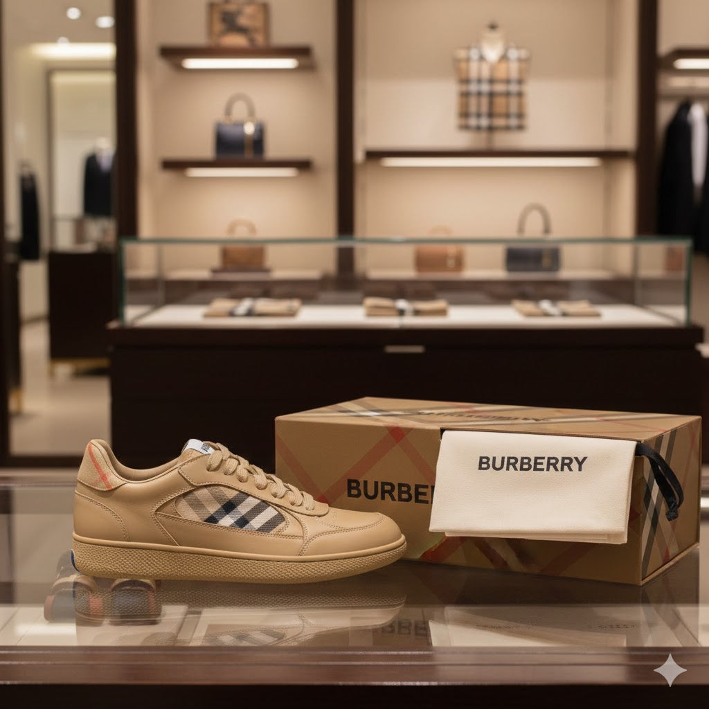 BURBERRY || Vintage Check Cotton and Leather Low-Top Sneakers – Archive Beige