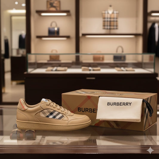 BURBERRY || Vintage Check Cotton and Leather Low-Top Sneakers – Archive Beige