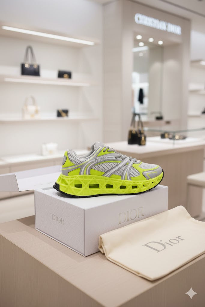 CHRISTIAN DIOR || Dior B30 Neon Yellow & Grey Technical Mesh Low-Top Sneakers