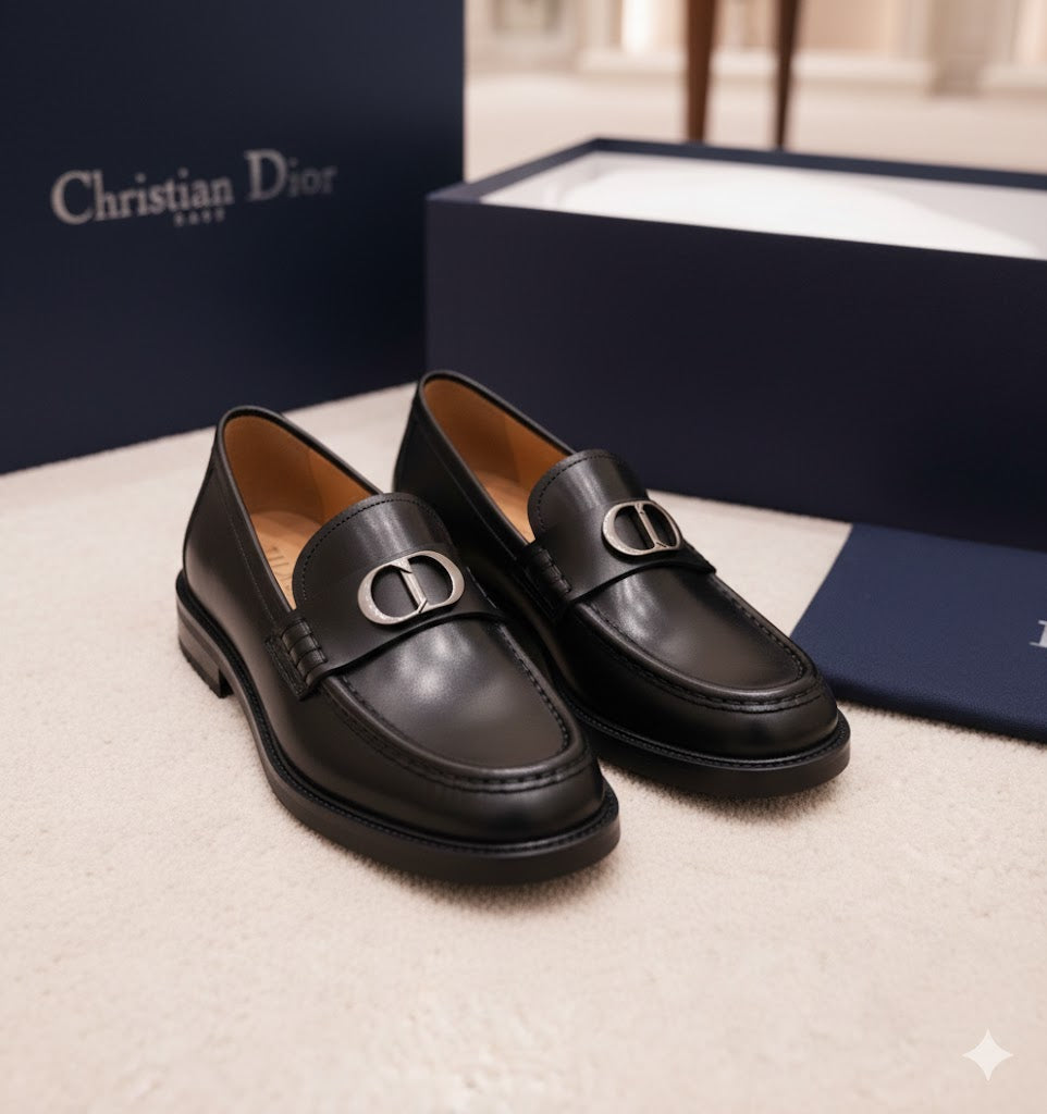 CHRISTIAN DIOR || Corsaire Loafer in Black Polished Calfskin with Silver-Finish CD Icon