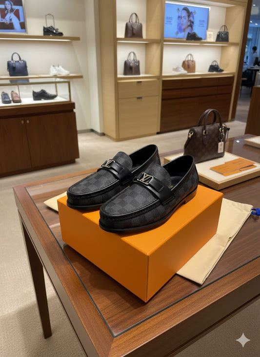 LOUIS VUITTON || Men's Damier Ebene Leather Loafers (Brown/Black)