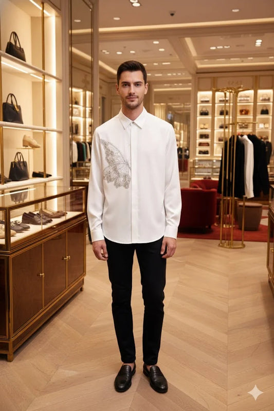 GUCCI || Men’s Butterfly Motif Button-Down Shirt in Premium Silk-Finish Cotton