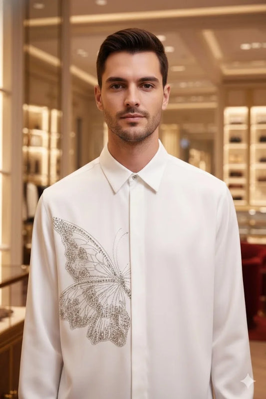 GUCCI || Men’s Butterfly Motif Button-Down Shirt in Premium Silk-Finish Cotton