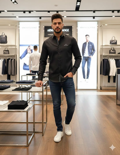 ARM*NI EXCH*NGE || Men's Slim-Fit Logo Detail Dress Shirt - White/Black