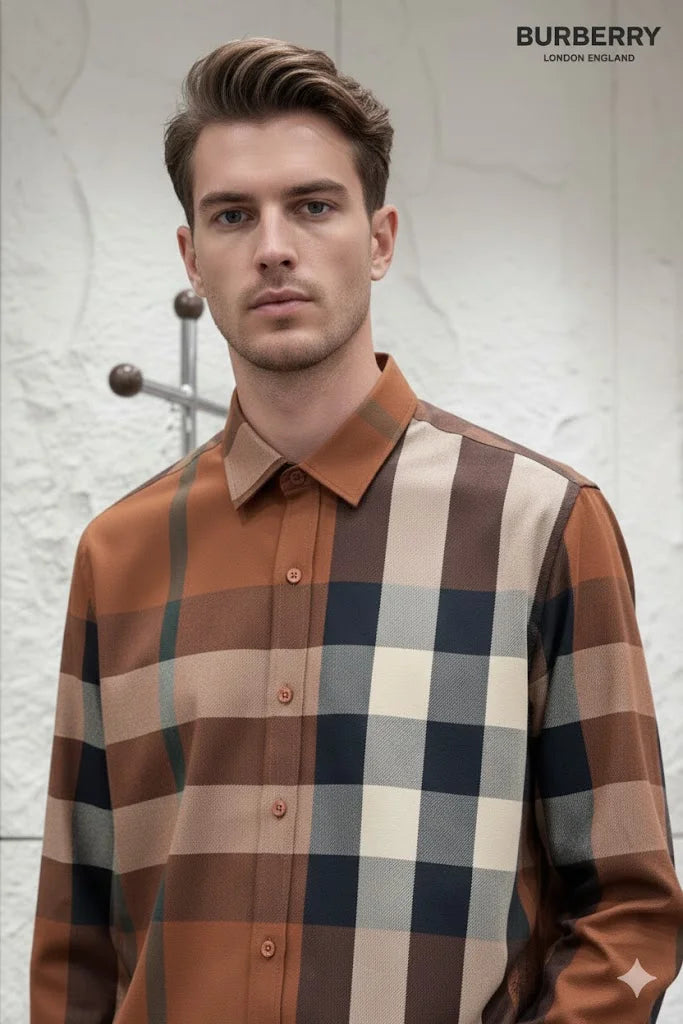 BURBERRY || Men’s Oversized Check Cotton Poplin Shirt – Deep Birch Brown