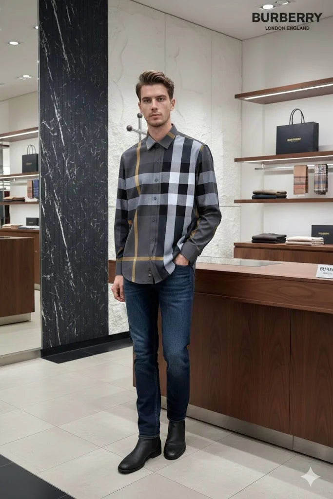 BURBERRY || Men’s Oversized Check Cotton Poplin Shirt in Charcoal/Grey
