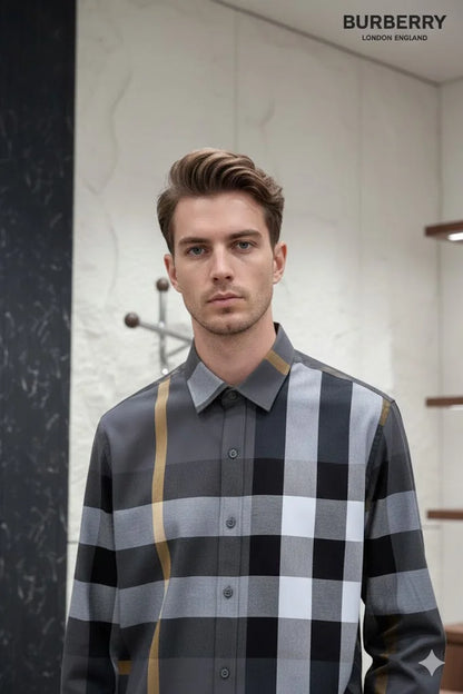BURBERRY || Men’s Oversized Check Cotton Poplin Shirt in Charcoal/Grey