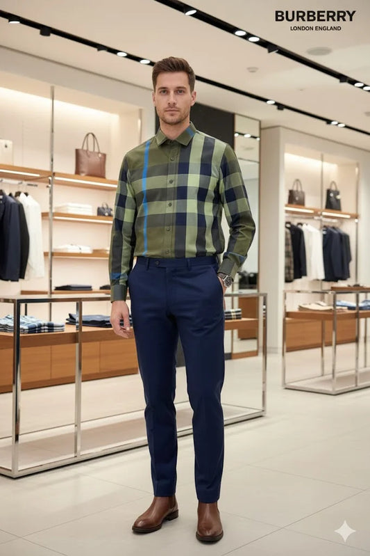 BURBERRY || Men's Oversized Check Cotton Poplin Shirt in Ivy Green