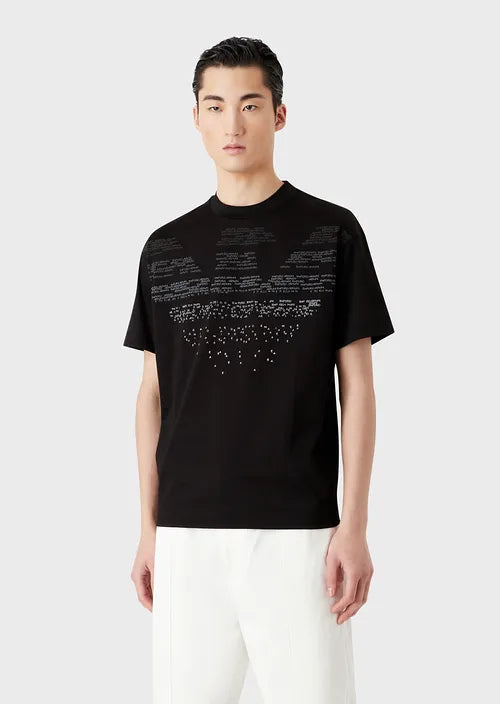 EMP*RIO ARM*NI || Mercerised Jersey T-Shirt With Rubberised Lettering Pattern Oversized Eagle