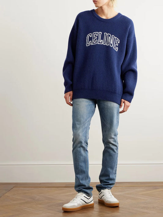 CELINE || Celine Homme Logo-Flocked Striped Button-Embellished Cotton Sweater